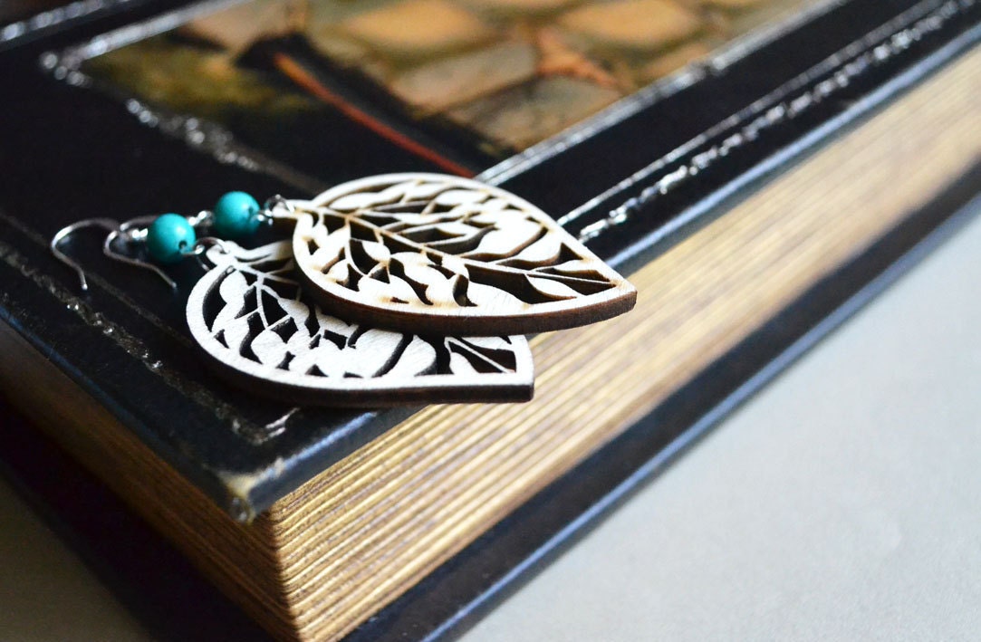 Cutout Wood Earrings. Bohemian Nature Inspired. Woodland Leaf Turquoise Bead. Wooden Jewelry.