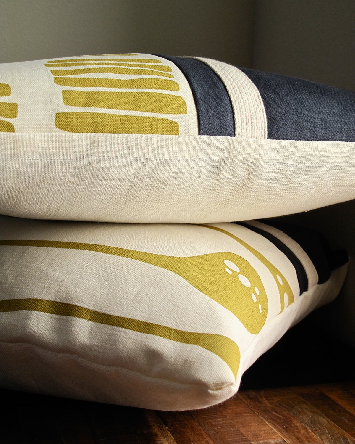 Navy and Yellow Eco Pillow Cover - hand printed