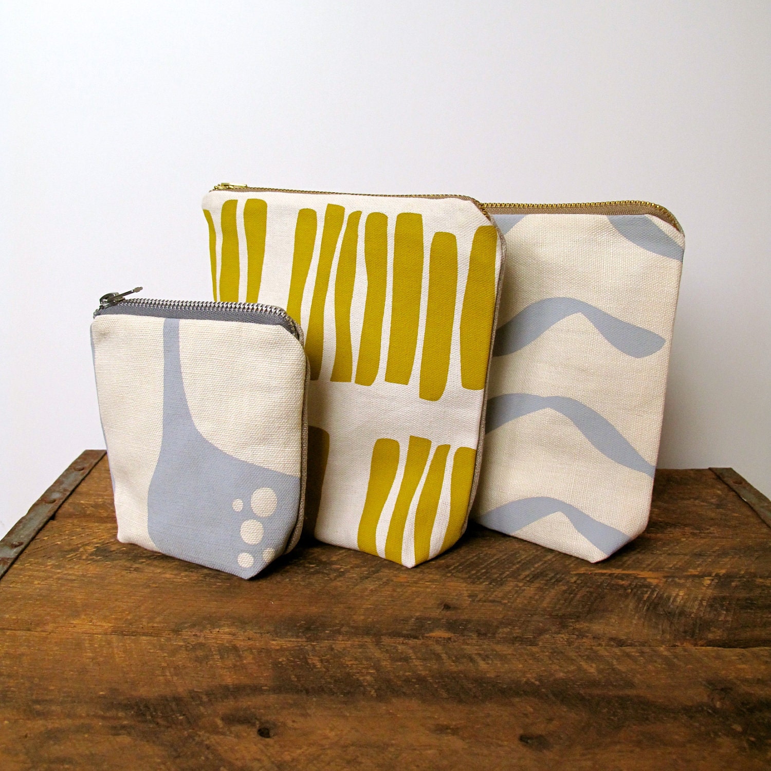 Hand Printed Eco Pouch Purse - Cream and Mustard Yellow