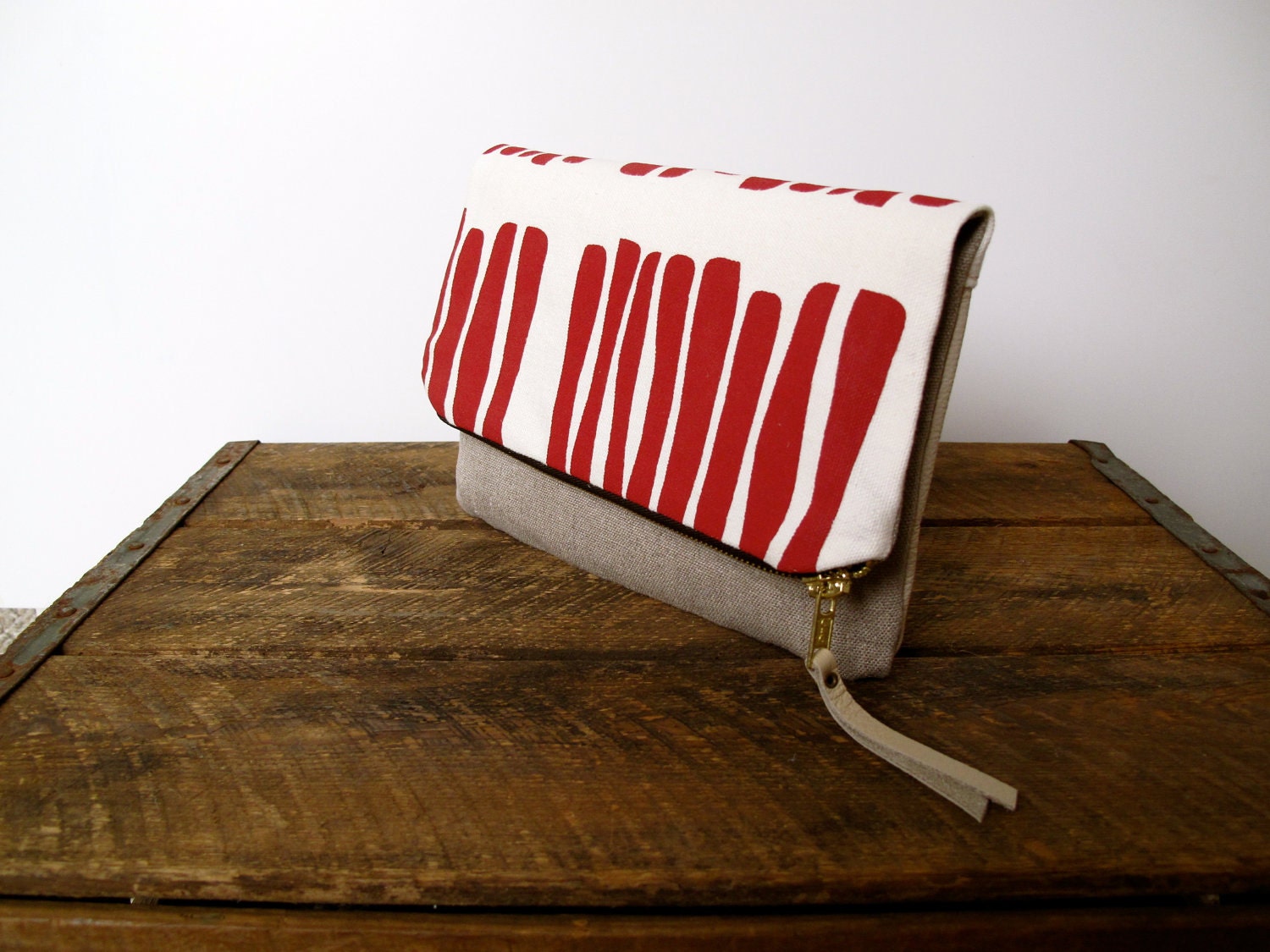 Leather Fold Over Pouch with Red Screen Printed Hemp