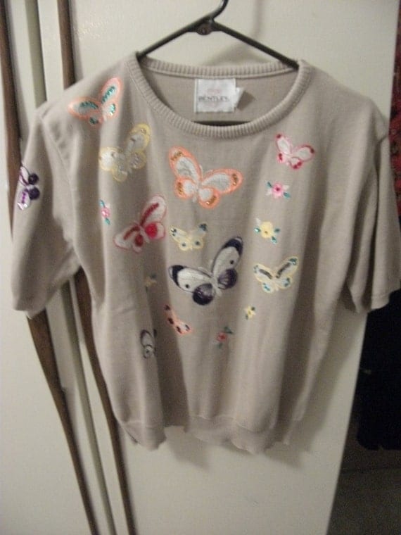 SALE 1/4 Off Vintage Tan Bentley Sweater with Colorful Crystal Trimmed Butterfly Appliques Size Large Now Only 6 USD