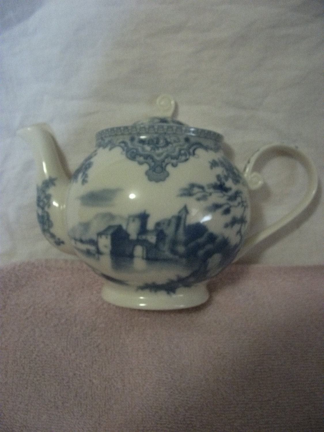 RESERVED for Melissa Antique Blue and white Landscape Porcelain Wall Hanging pocket Possibly Royal Crown Derby Now Only 6 USD