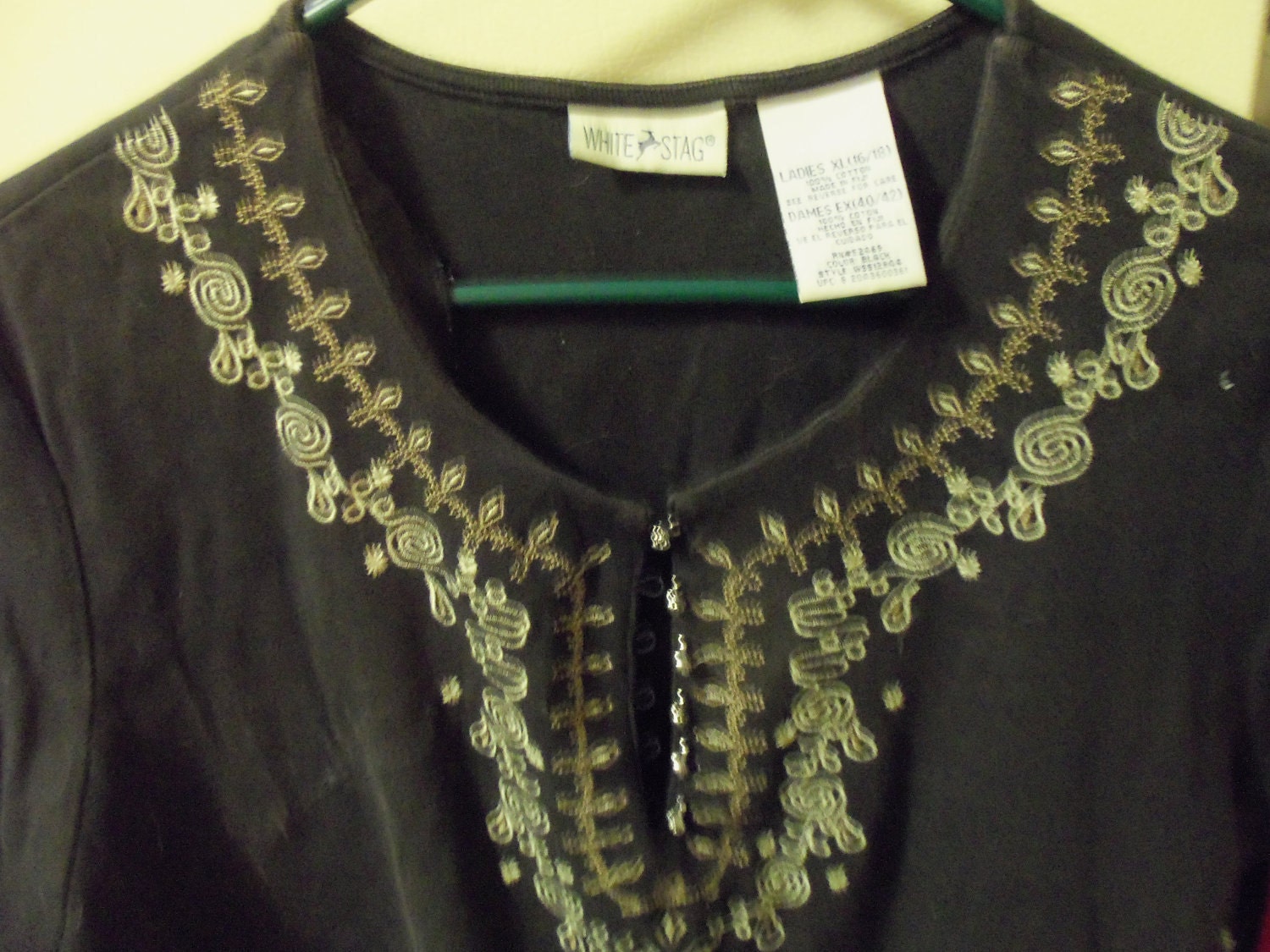 Vintage T Shirt by White Stag Black with White Embroidery and tiny Silver Metal Buttons XL Only 3 USD