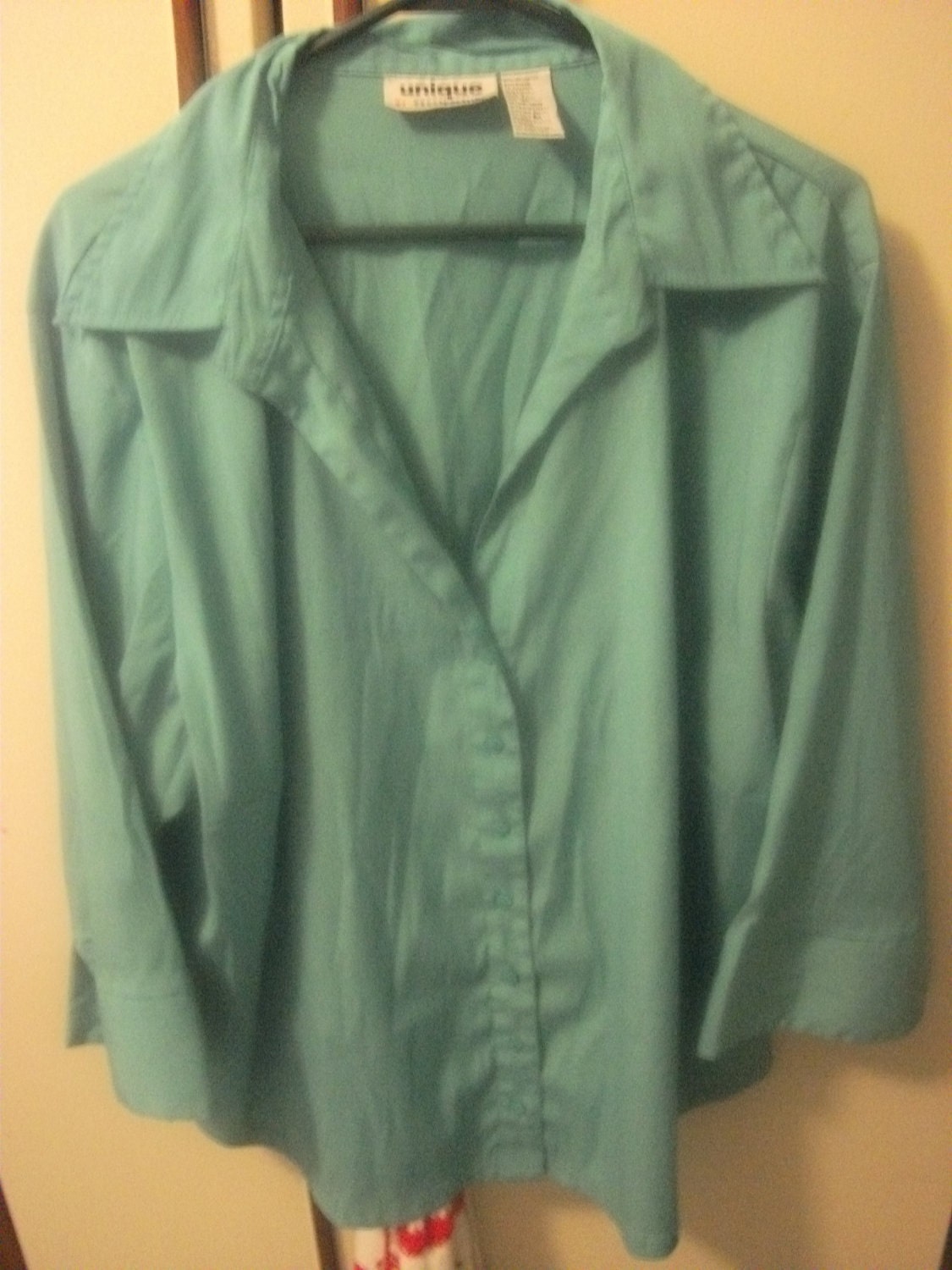 SALE 50% Off Vintage 1980s Unique 3X Light Blue Shirt low V cut Neckline and 3/4 sleeves Now ONLY 3.50 USD