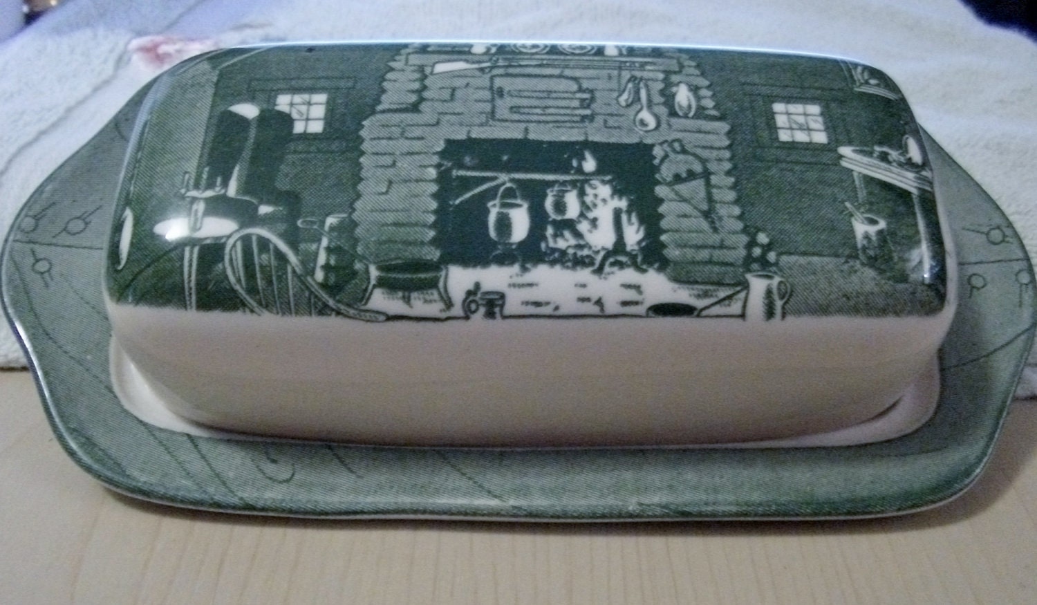 RARE Vintage Covered Butter Dish with Lid of Green & White Royal China made during 1930s Only 16USD