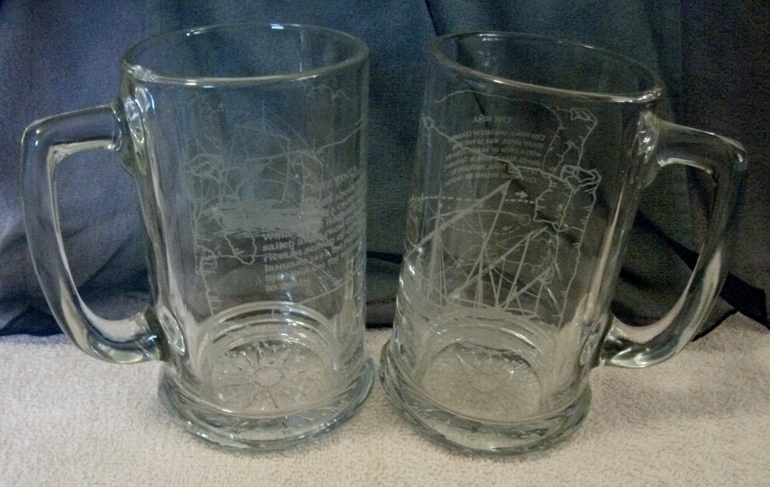 Vintage Etched Glass Mugs Steins Columbus ships The Nina and The Pinta Only 6 USD