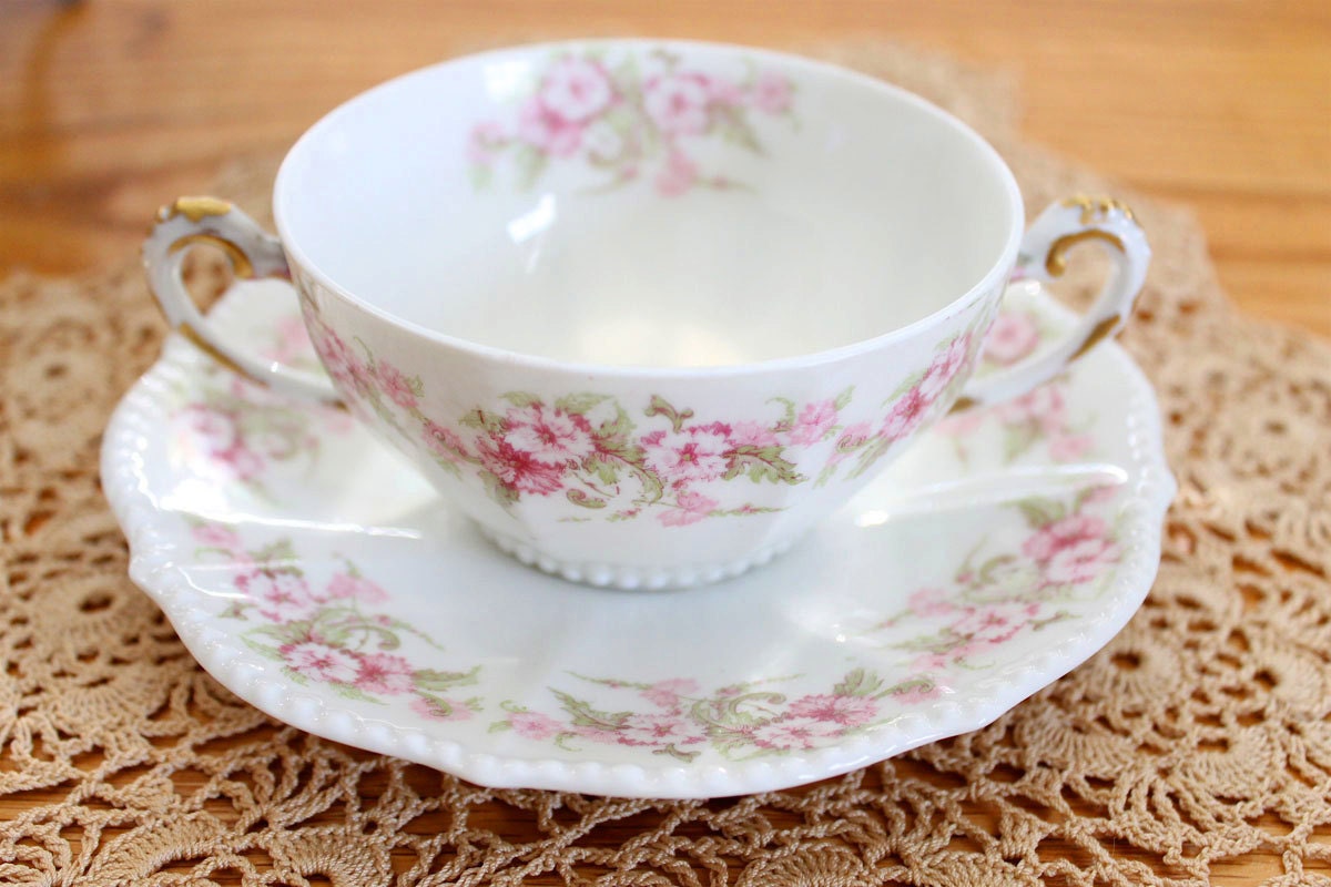 Vintage Limoges Elite Teacup & Saucer or Cream Soup Bowl French Pink Roses 1890s