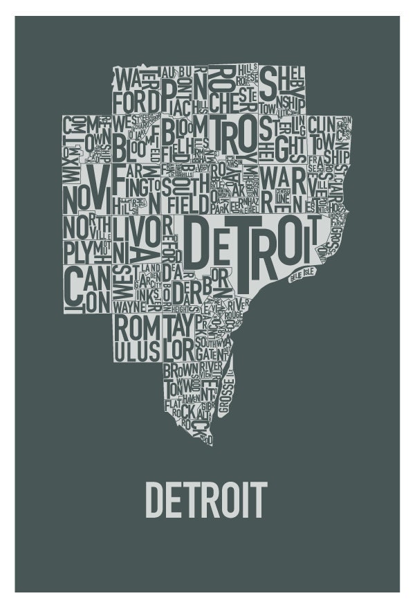 Detroit Typography Map Poster slate grey