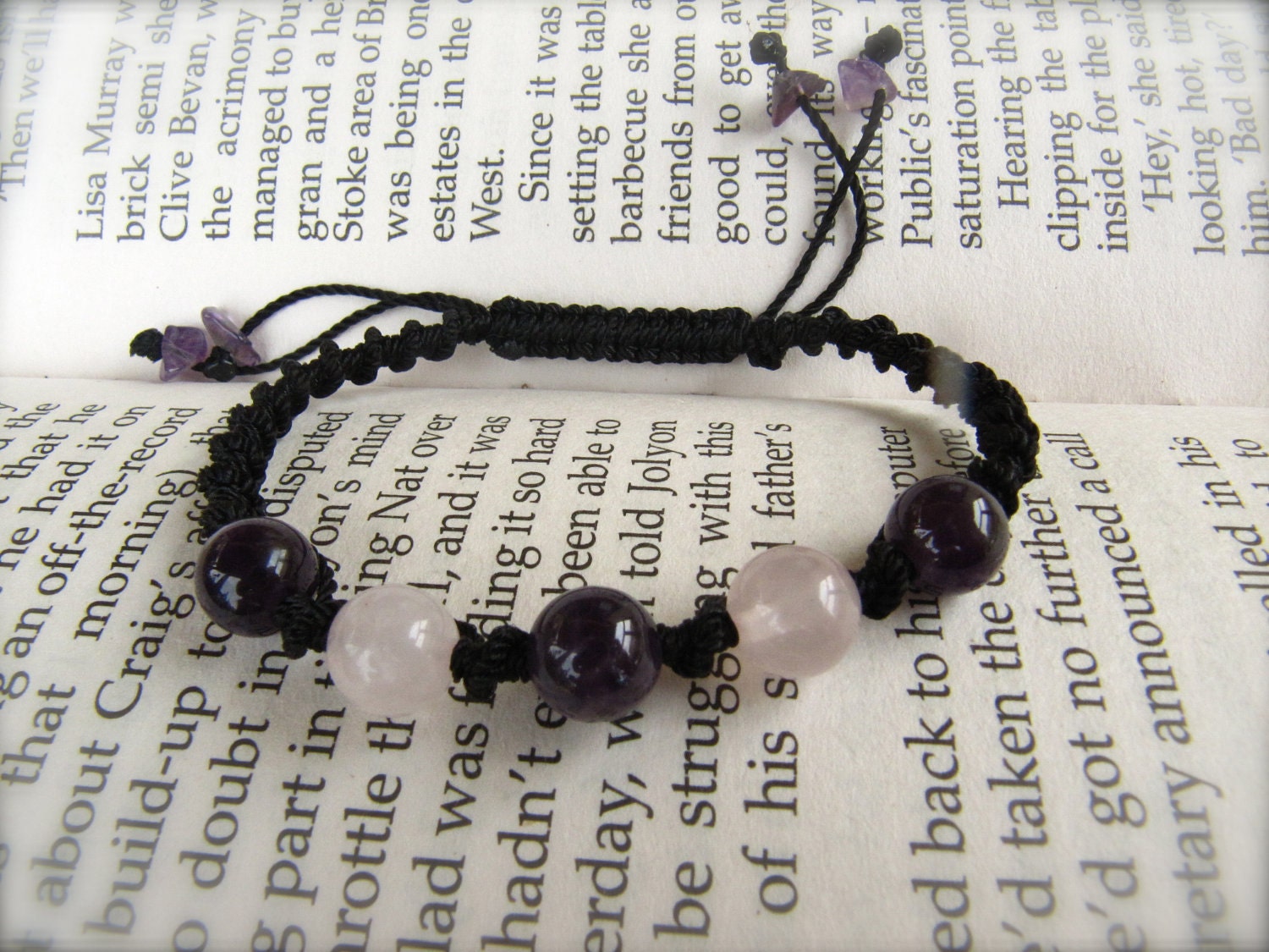Rose Quartz and Amethyst Macrame Adjustable Bracelet - Stone to ENHANCE LOVE and stone for good DREAMS