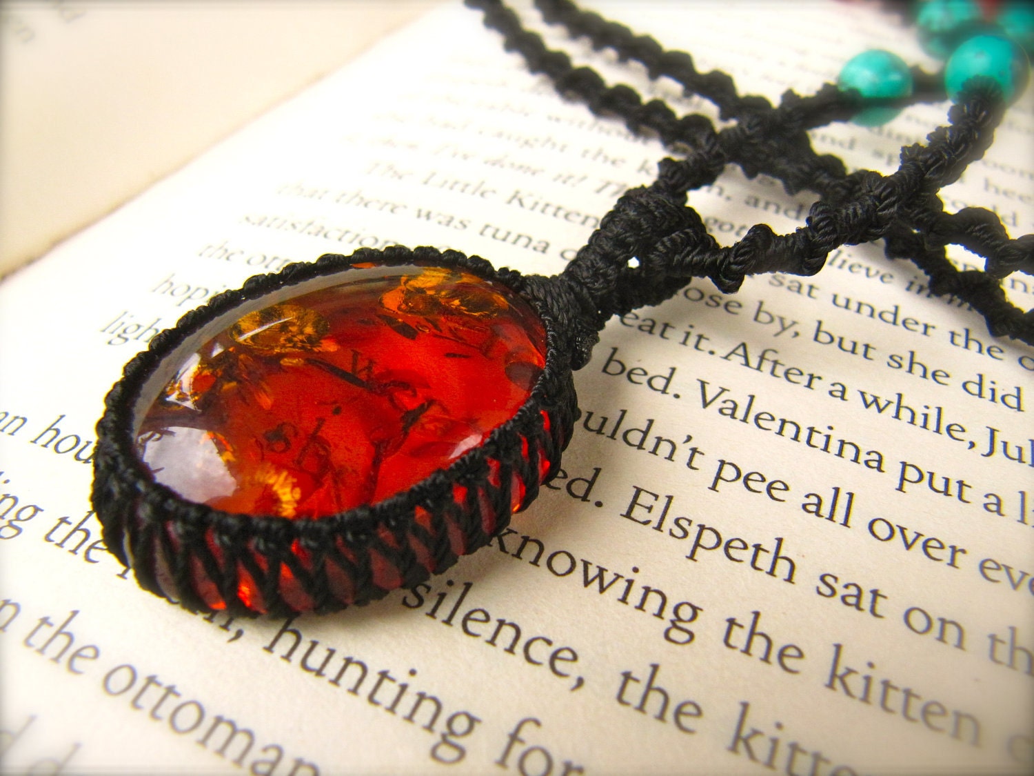 Macrame Necklace with Amber Turquoise and Carnelian - Stone of emotional calming and centering