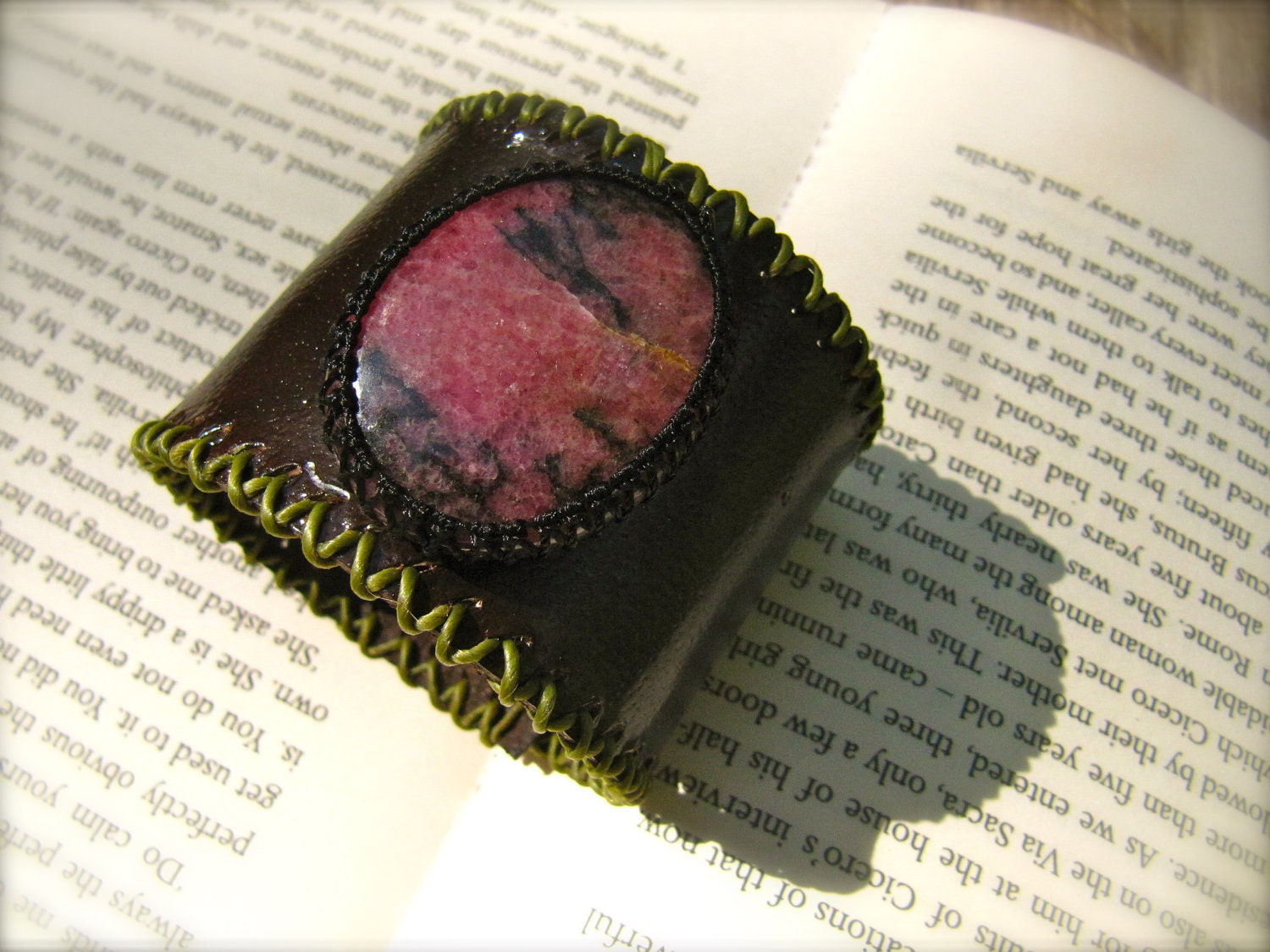 Leather Cuff Bracelet and Macrame Rhodonite Semi Precious Stone Bracelet - Sleek Style (RESCUE stone and PROMOTES RELAXATION)
