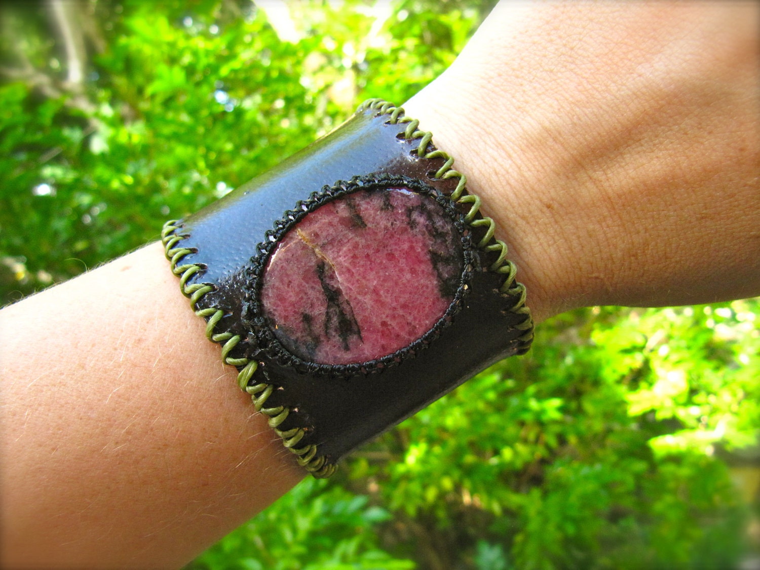Leather Cuff Bracelet and Macrame Rhodonite Semi Precious Stone Bracelet - Sleek Style (RESCUE stone and PROMOTES RELAXATION)