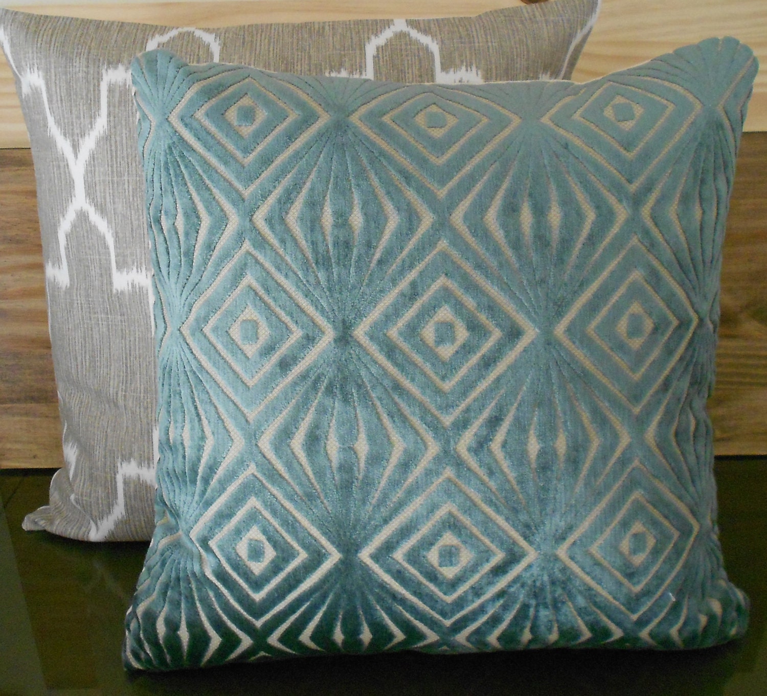 Decorative pillow cover teal blue cut velvet by pillowflightpdx
