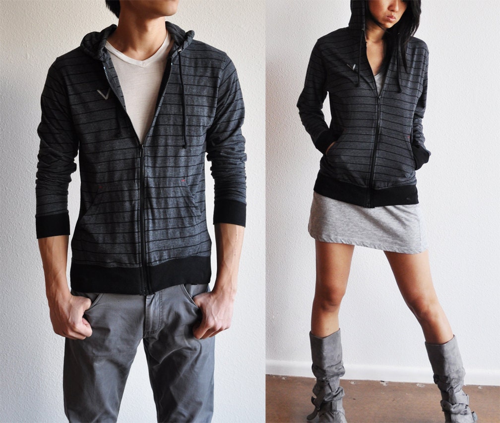 Vegan Clothing: Unisex Shirt Hoodie - Charcoal w/ thin black lines ( Size Large )