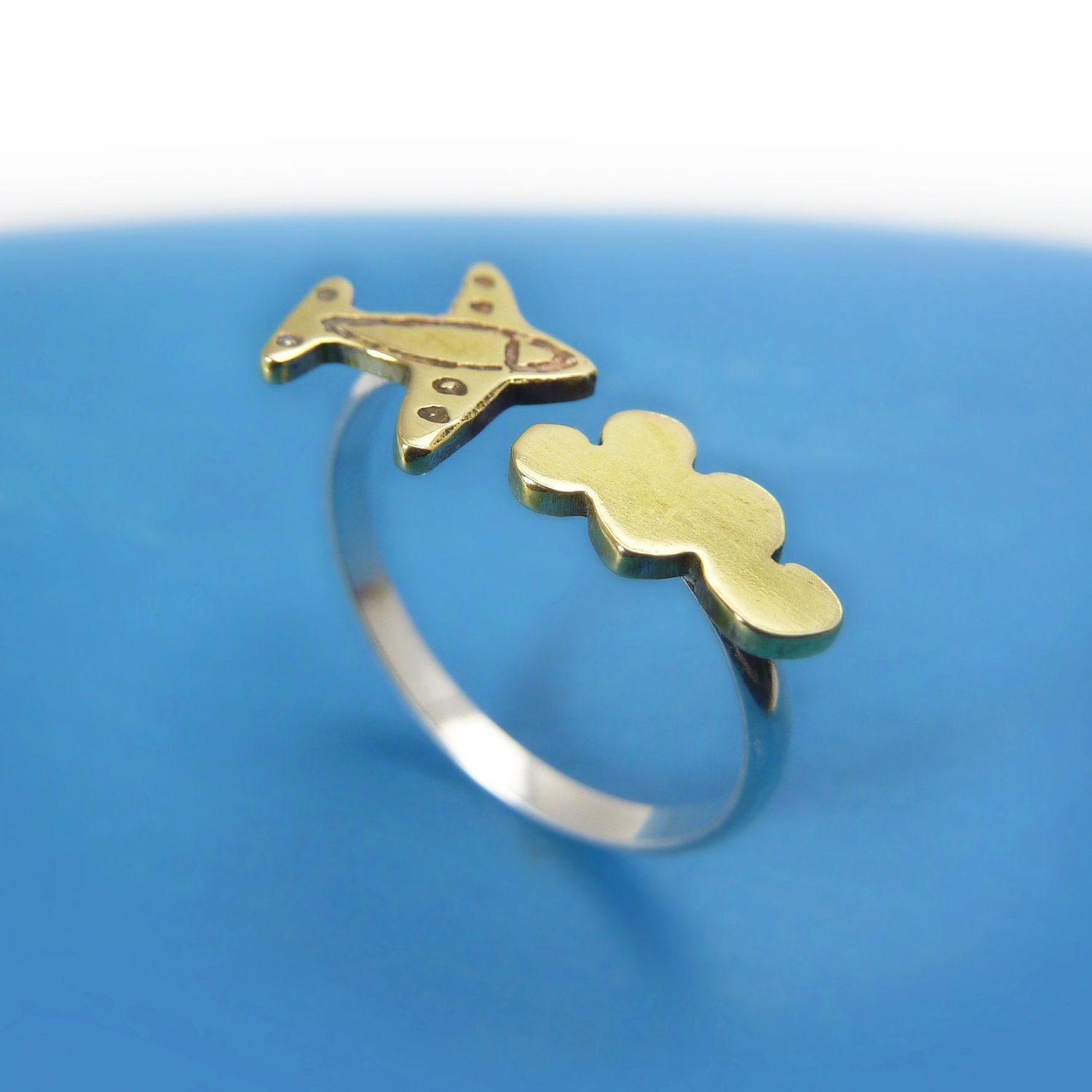 Airplane Flying Cloud Sterling silver and brass adjustable ring-  Around the world