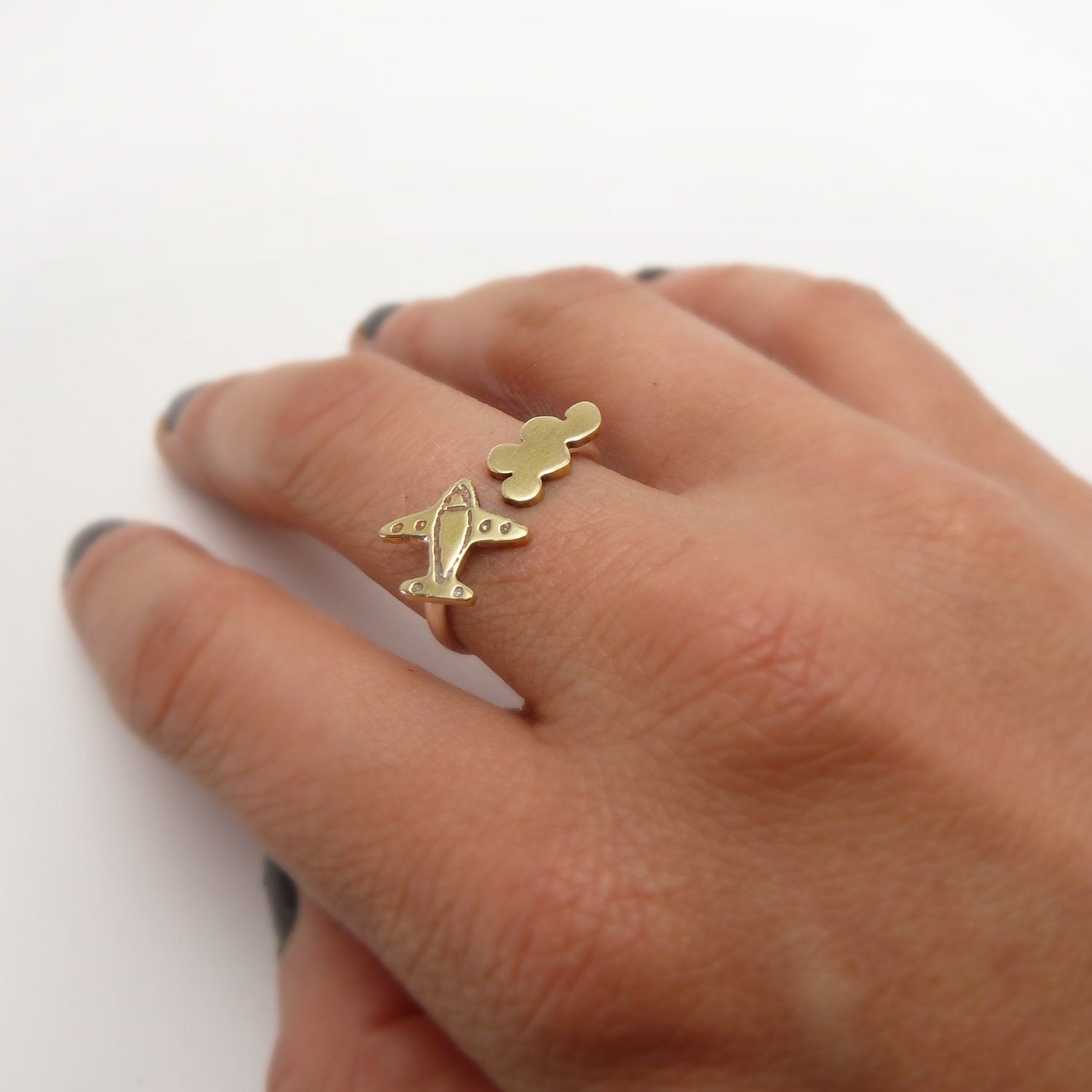 Airplane Flying Cloud Sterling silver and brass adjustable ring-  Around the world
