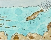 Original Watercolor Handpainted underwater art - Monk Seal - One of a kind