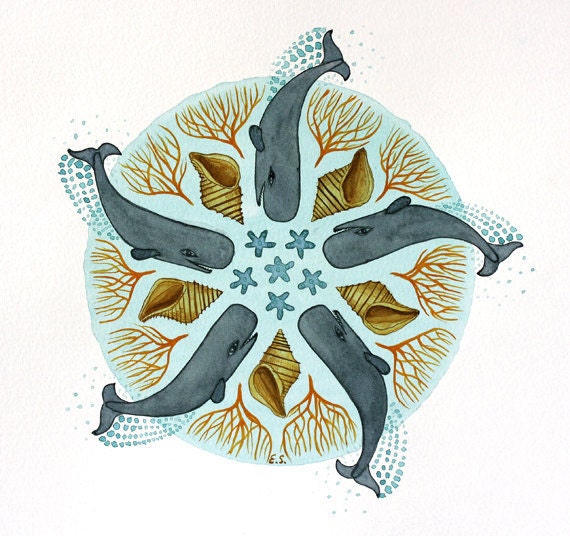 Whales - Original watercolor painting - Sperm whales sea shells coral - nursery decor - Nautical home decor