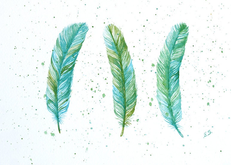 Bird feather art Original watercolor painting Hand painted art card Turquoise wall decor