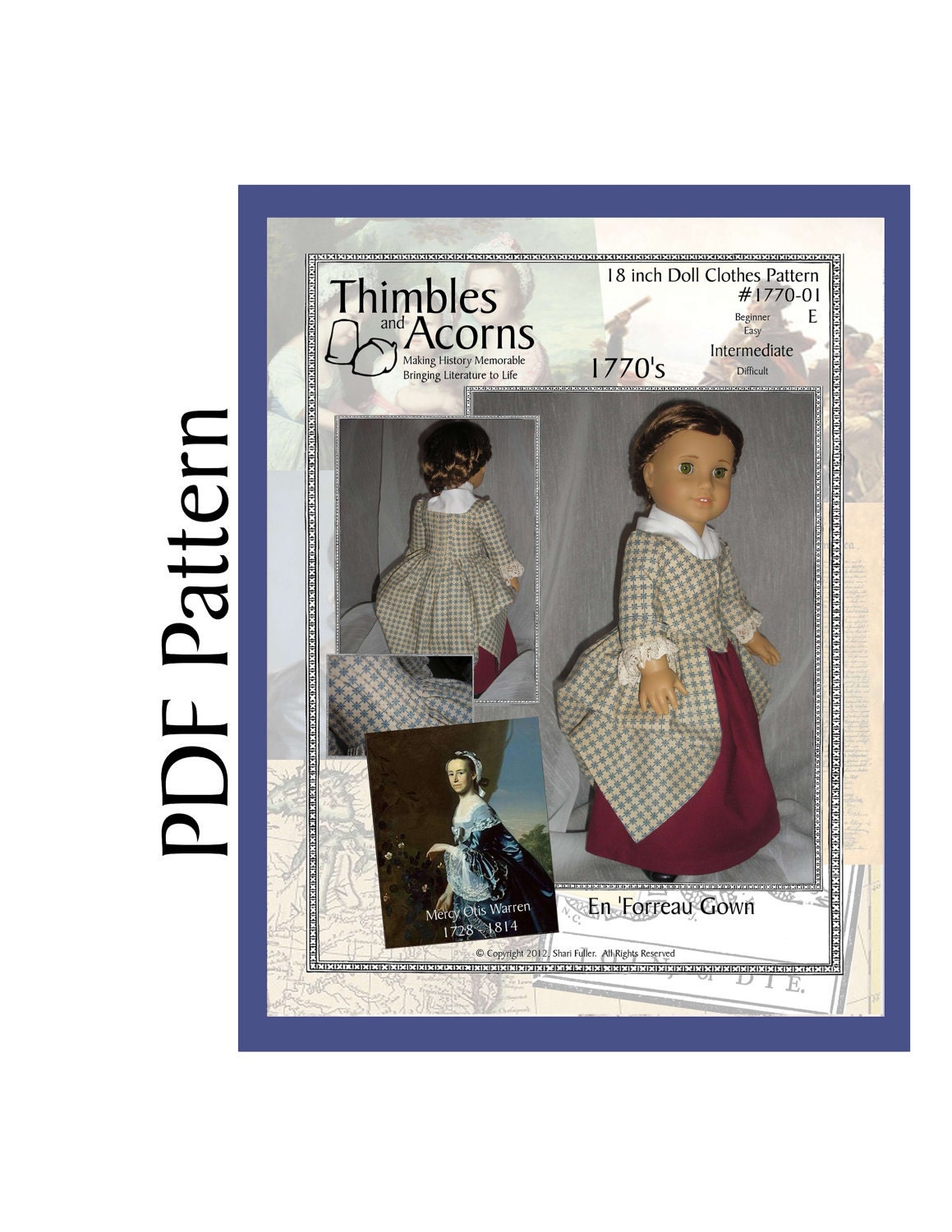 PDF Pattern for 1770 Style En Forreau' Gown for 18 inch American Girl Doll
