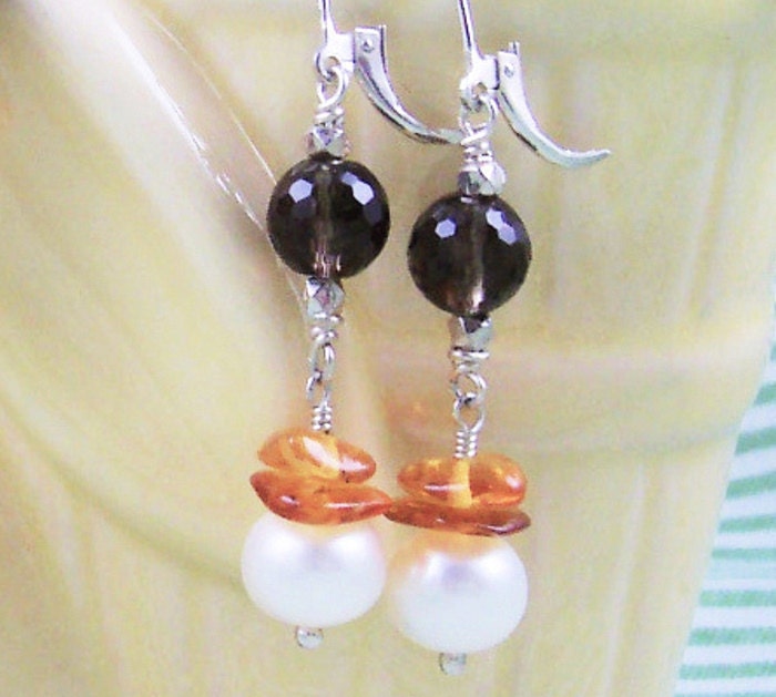 Smoky Quartz Earrings Amber Pearl Dangle Sterling Silver Lever Back White Brown Gold Fall Gemstone Jewelry Handmade Jewelry
