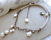 Leather and Pearl Necklace Beaded White Freshwater Pearls Antiqued Brass Rustic Wedding Bridesmaid Gifts June Birthday
