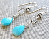 Turquoise Earrings Sleeping Beauty Turquoise Wire Wrapped Dangle Sterling Silver Bali Bridesmaid Gifts December Birthday Handmade Jewelry