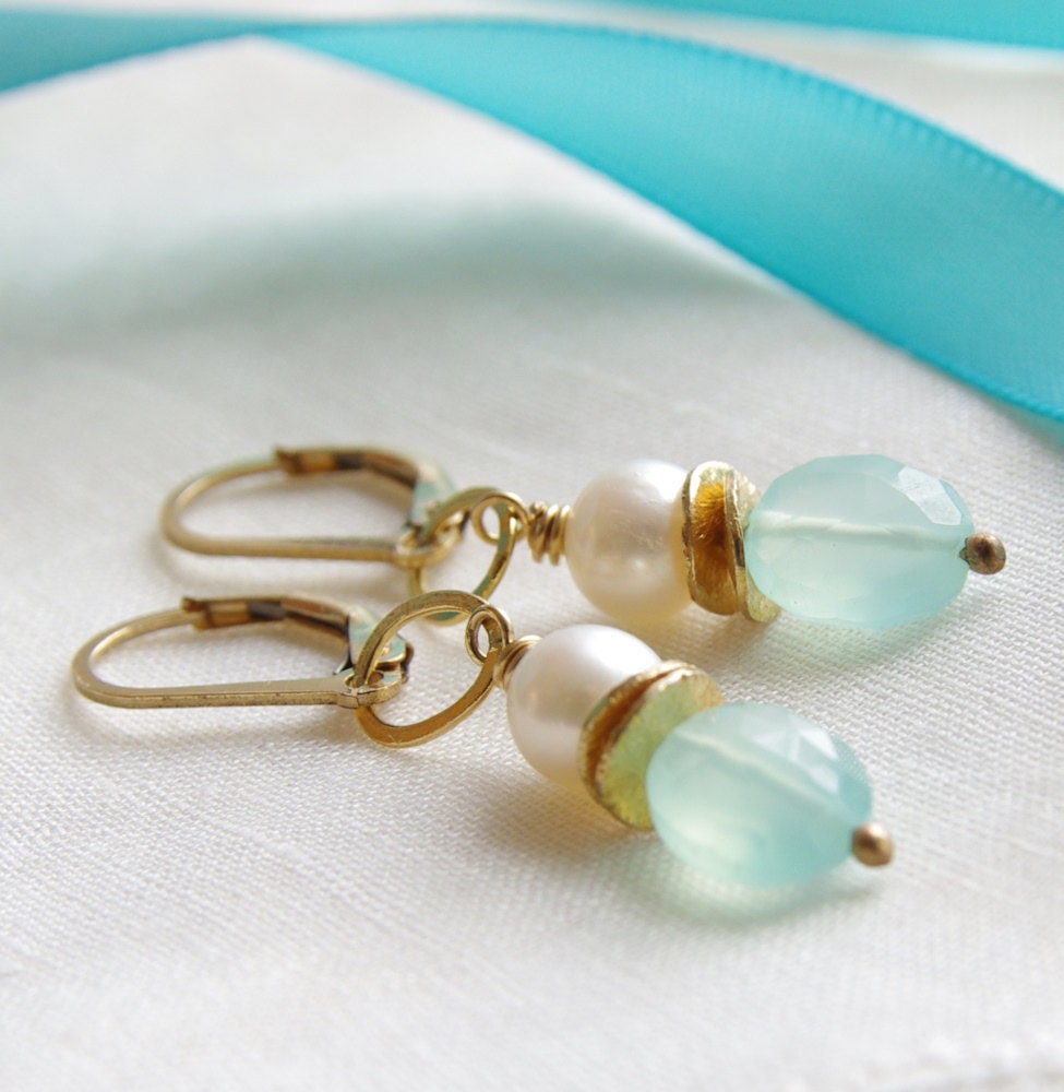 Aqua Chalcedony Earrings Peruvian Blue Gemstone Dangle Gold Filled Beaded White Pearl Sea Foam Blue Wedding Bridal Jewelry Bridesmaid Gifts