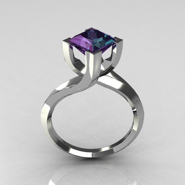 Modern 10K White Gold 1.25 Carat Princess Cut Alexandrite Designer Ring R74-10WGAL