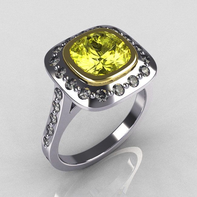 Tiffany Legacy Style Two Tone 14K White Yellow Gold 2.0 Carat Cushion Cut Yellow Diamond Engagement Ring R60-14KWYGDYD