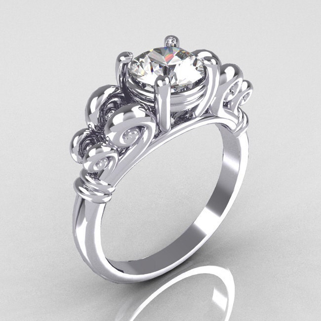 Modern Antique 14K White Gold 1.0 Carat Round White Sapphire Designer Solitaire Ring R141-14WGWS