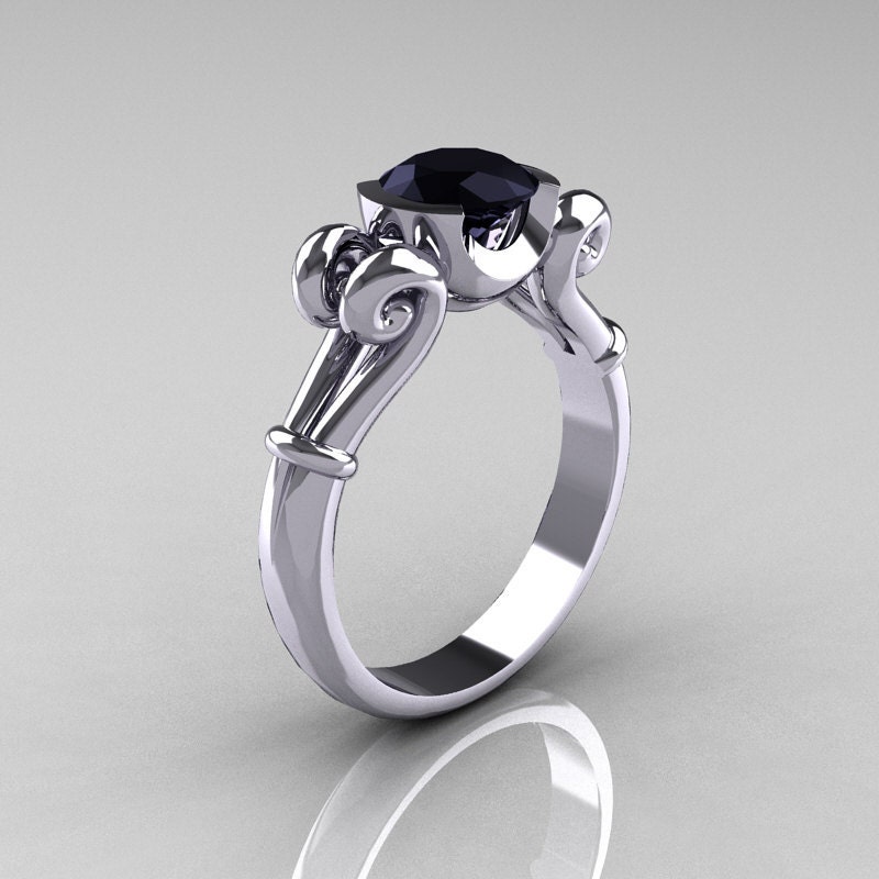 Modern Antique 14k White Gold 1.0 Carat Round Black Diamond Designer Solitaire Ring R122-14KWGBD