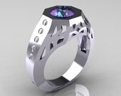 Gentlemens Modern Edwardian 10K White Gold 1.5 Carat Alexandrite Diamond Engagement Ring MR155-10KWGDAL