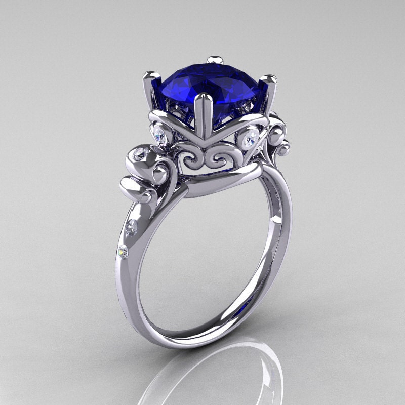 Modern Vintage 14K White Gold 2.5 Carat Blue Sapphire Diamond Wedding, Engagement Ring R167-14KWGDBS