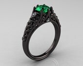 Designer Exclusive Classic 18K Black Gold 1.0 Carat Emerald Diamond Lace Ring R175-18KBGDEM