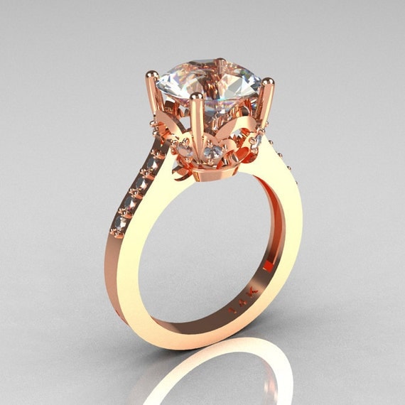 French Bridal 14K Pink Gold 3.0 Carat White Sapphire Solitaire Wedding Ring R301-14PGDWSS
