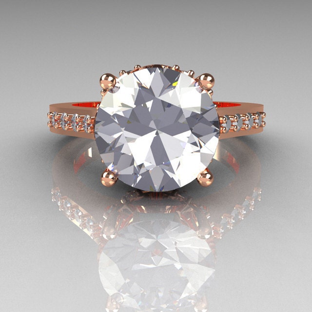 French Bridal 14K Pink Gold 3.0 Carat White Sapphire Solitaire Wedding Ring R301-14PGDWSS