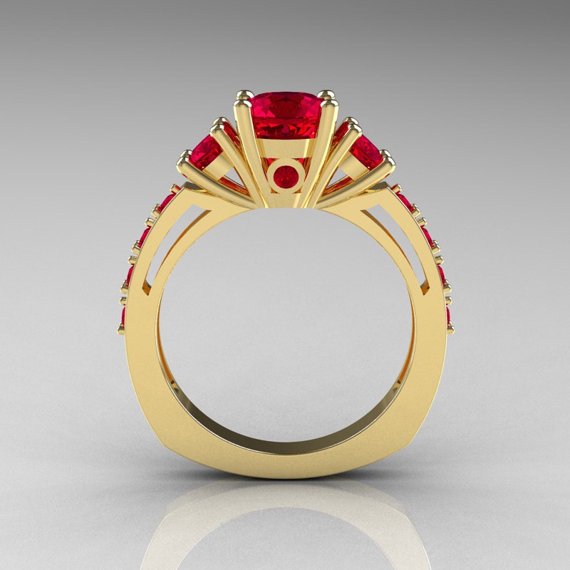 Classic French Bridal 18K Yellow Gold Three Stone 1.0 Carat Ruby Engagement Ring AR112-18KYGRRU