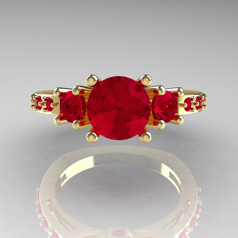 Classic French Bridal 18K Yellow Gold Three Stone 1.0 Carat Ruby Engagement Ring AR112-18KYGRRU