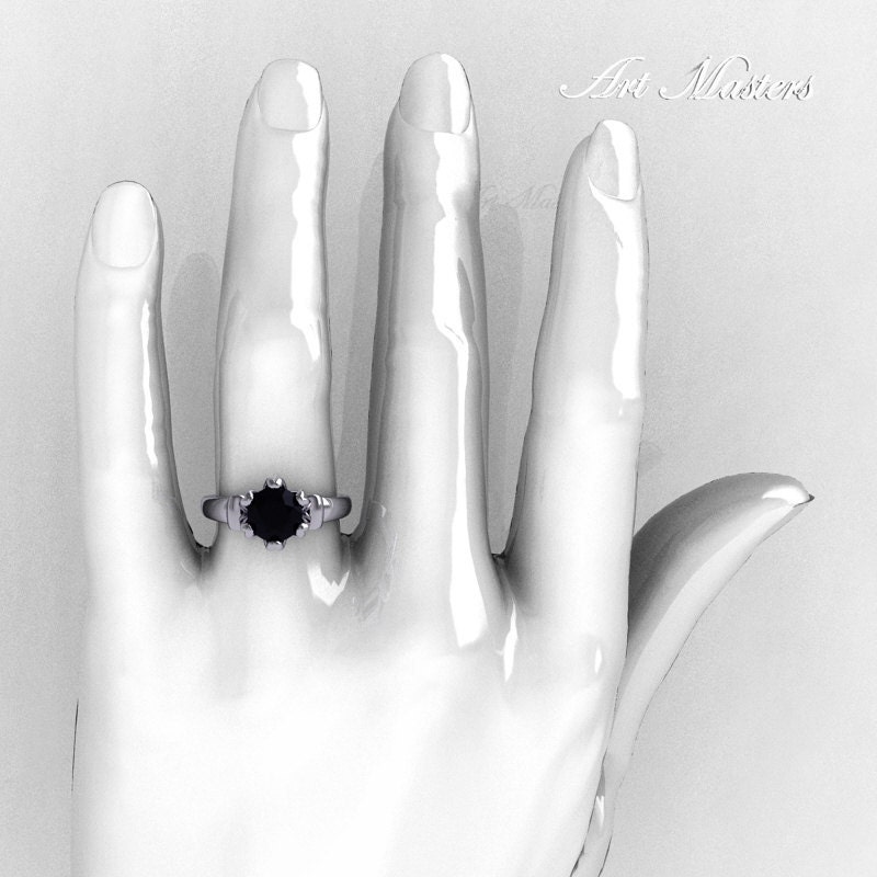 Modern Antique 14K White Gold 1.5 Carat Black Onyx Solitaire Engagement Ring AR127-14WGBO