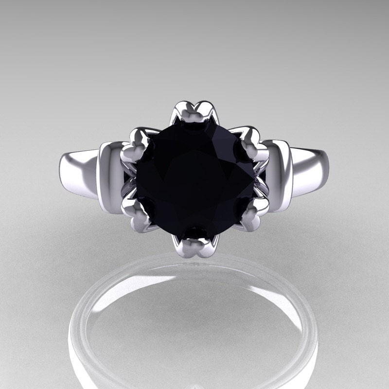 Modern Antique 14K White Gold 1.5 Carat Black Onyx Solitaire Engagement Ring AR127-14WGBO