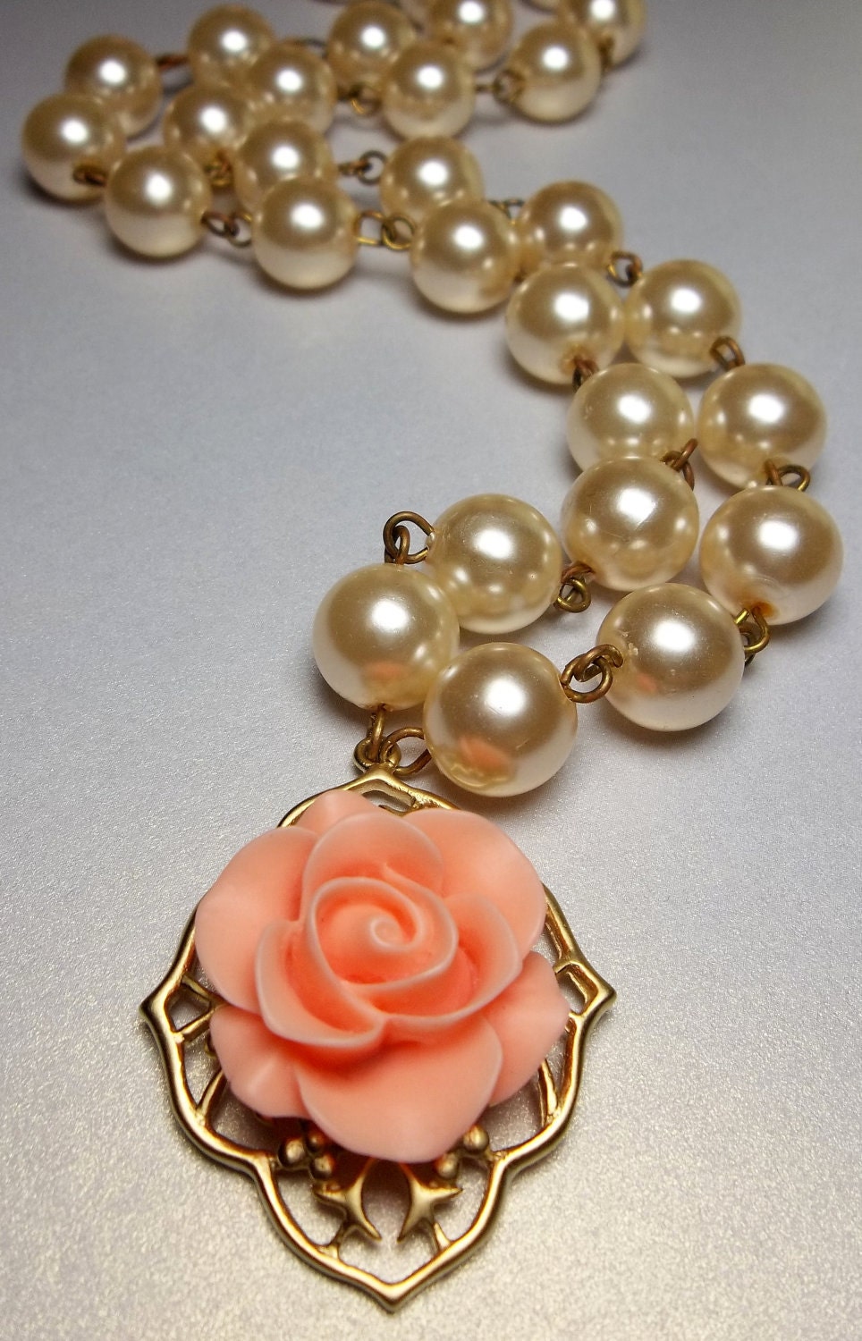 Gold Pearl necklace - Vintage pearls - Rose Cabochon - Pendant - Victorian inspired- Wedding Jewelry -