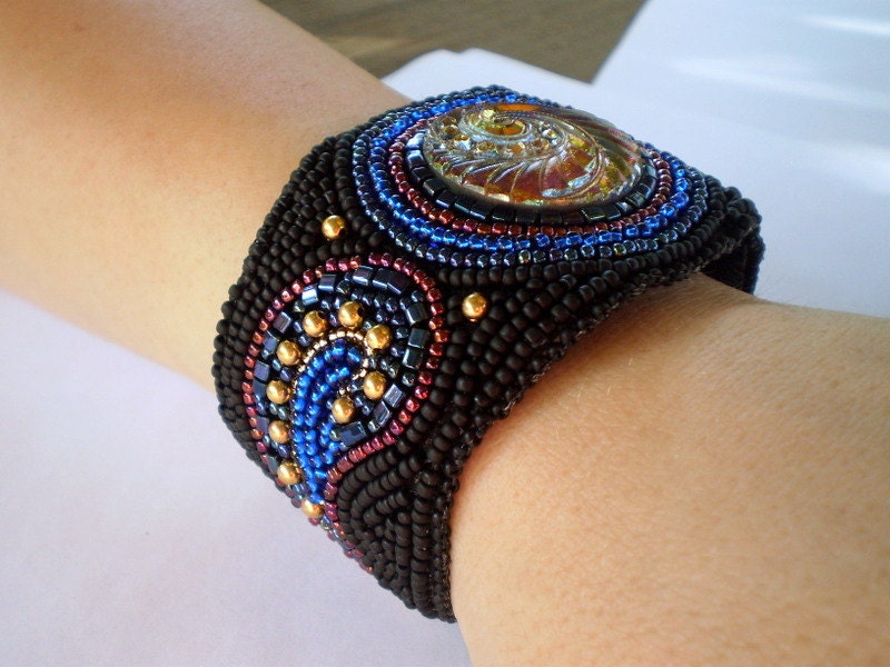 Bead Embroidery Bracelet Black Blue Gold Vibrant colors Seed bead bracelet