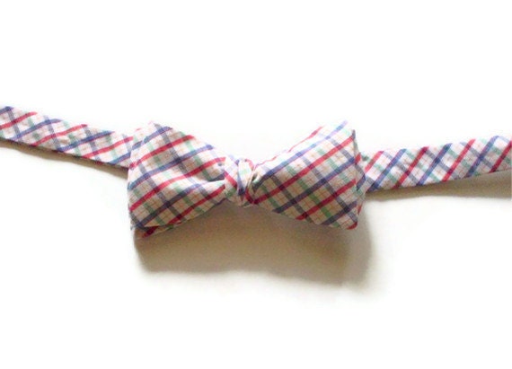 Bow Tie Plaid Cotton Blend Self Tie Red White Blue Green Orange