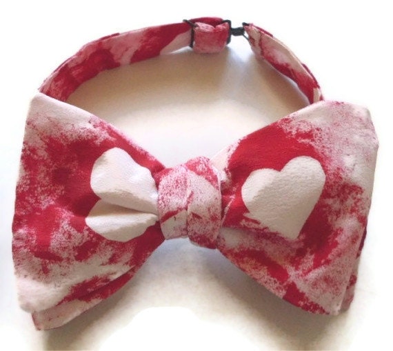 Hand Painted Silk Bow Tie Red  White Hearts OOAK