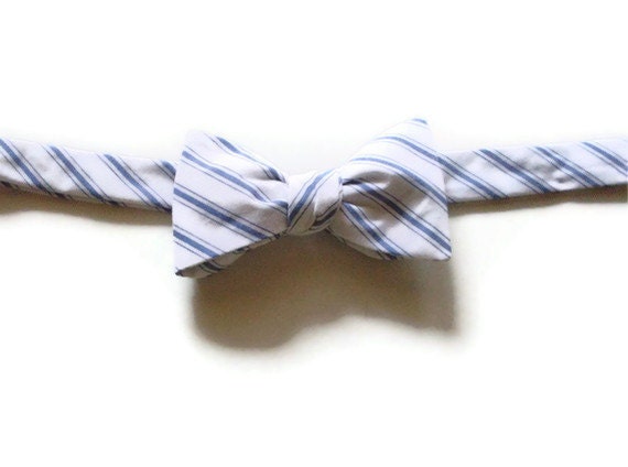 Bow Tie Blue and White Stripe Cotton Blend Self Tie Adjustable