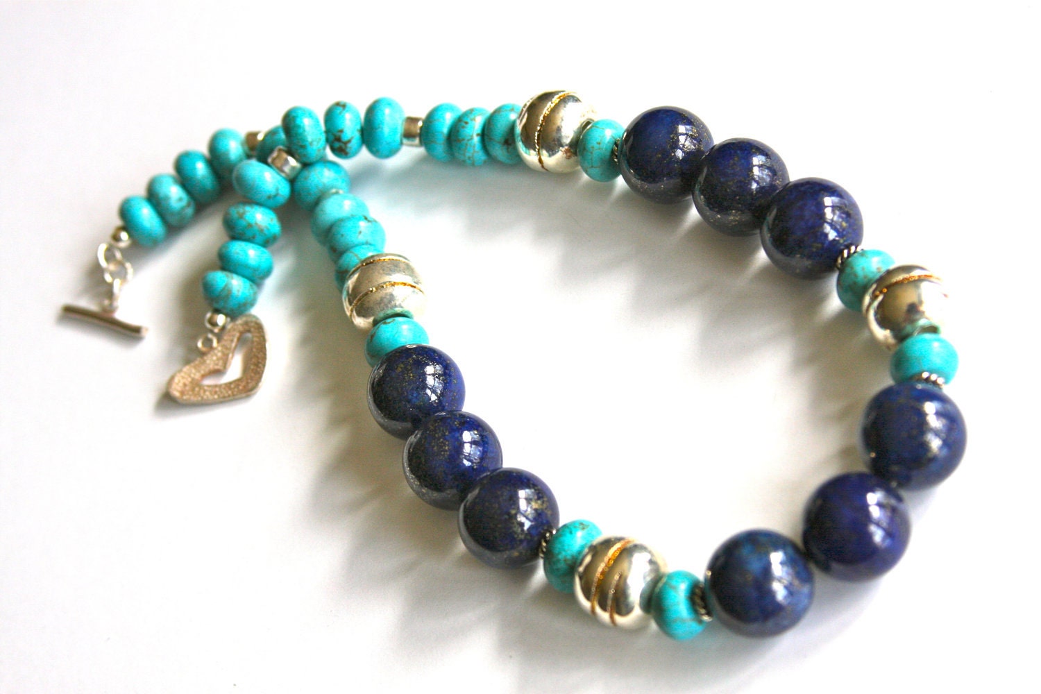 SALE... Lapis and turquoise necklace with sterling silver Mykonos beads, sterling silver toggle, color block necklace