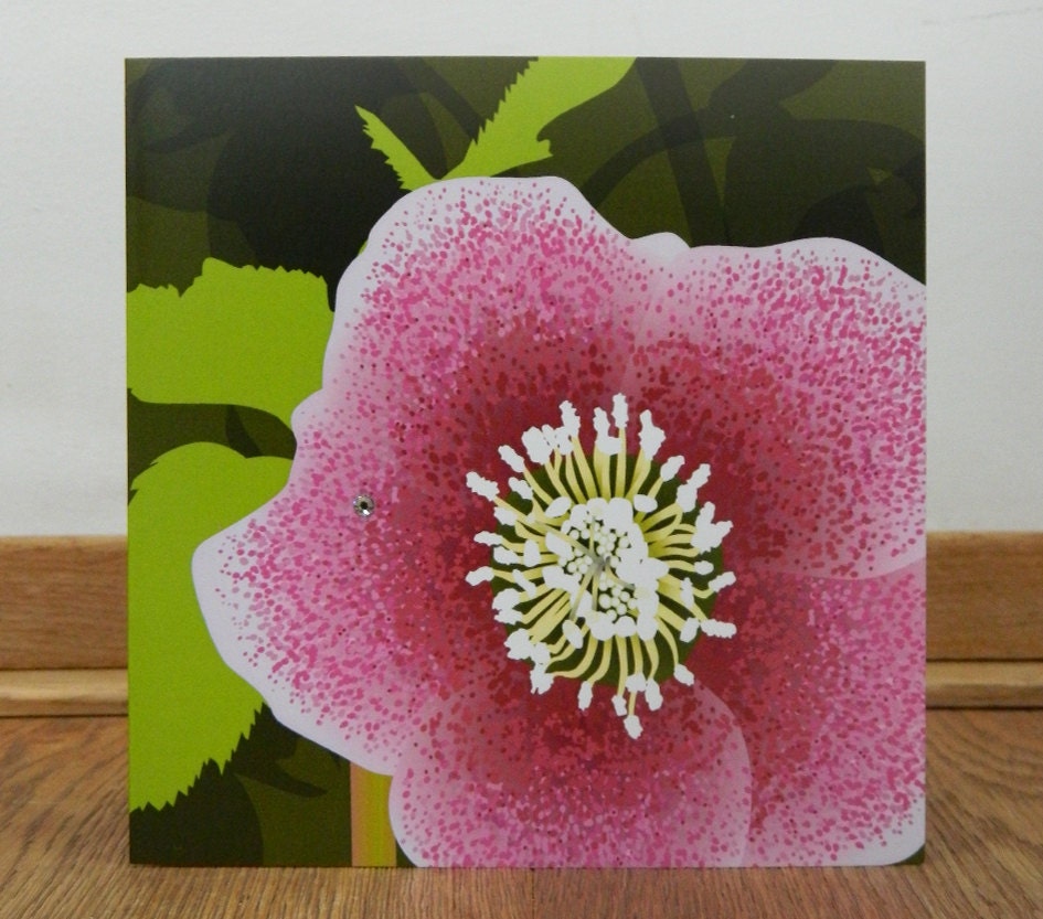 Pink Hellebore Woodland card with Swarovski Crystal - perfect for birthday, thank you or as a notelet