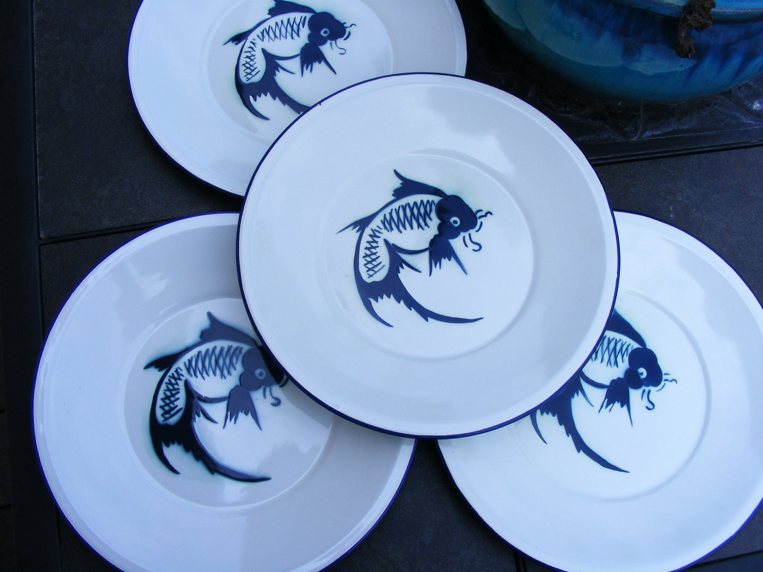 4 Vintage Koi Fish Enamelware Plates by 2manytreasures2 on Etsy