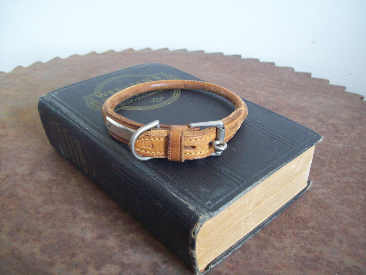 Vintage rolled edge leather dog collar name plate by LostTreeMan